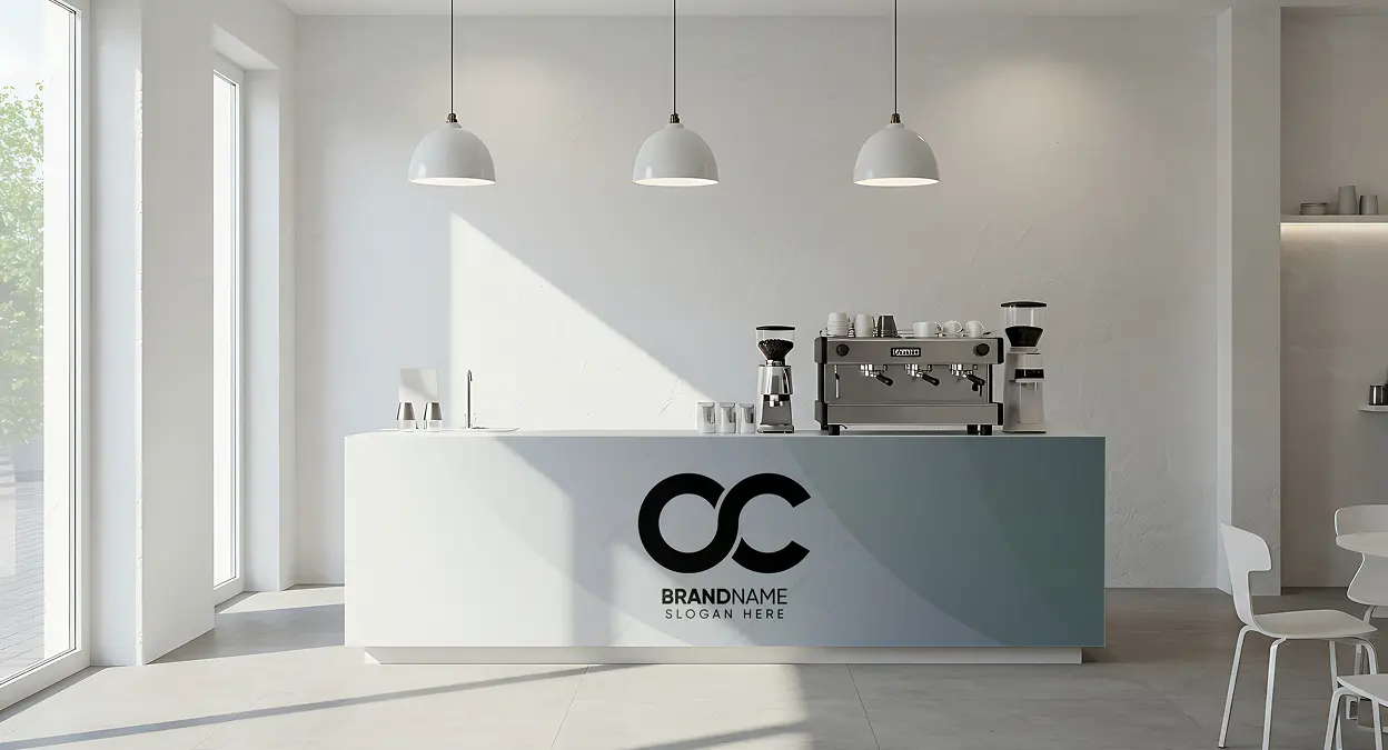 A custom branded coffee station in a modern office